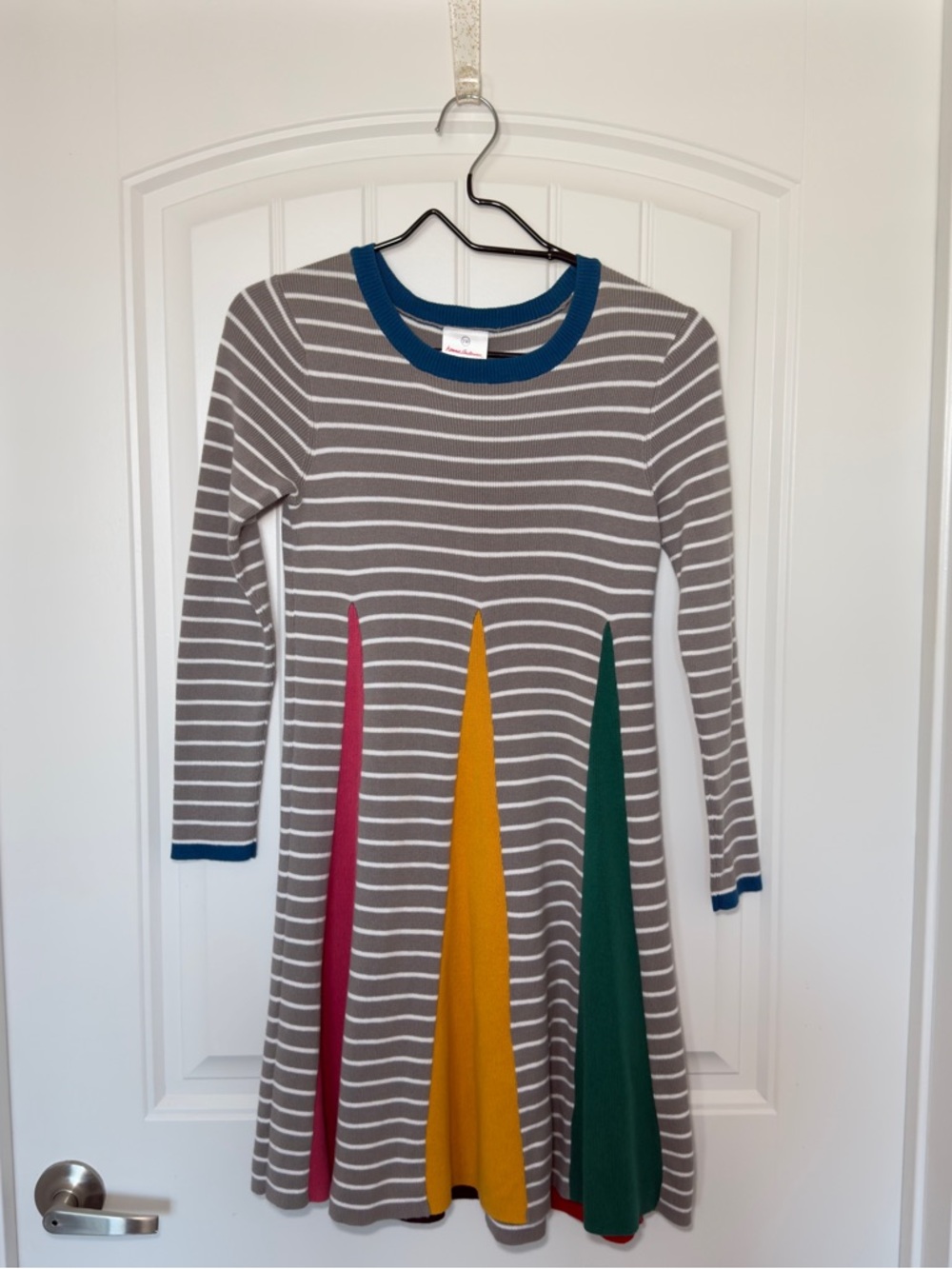 Hanna Andersson Gray Stripe Knit Dress with Pink, Yellow & Green Panels
